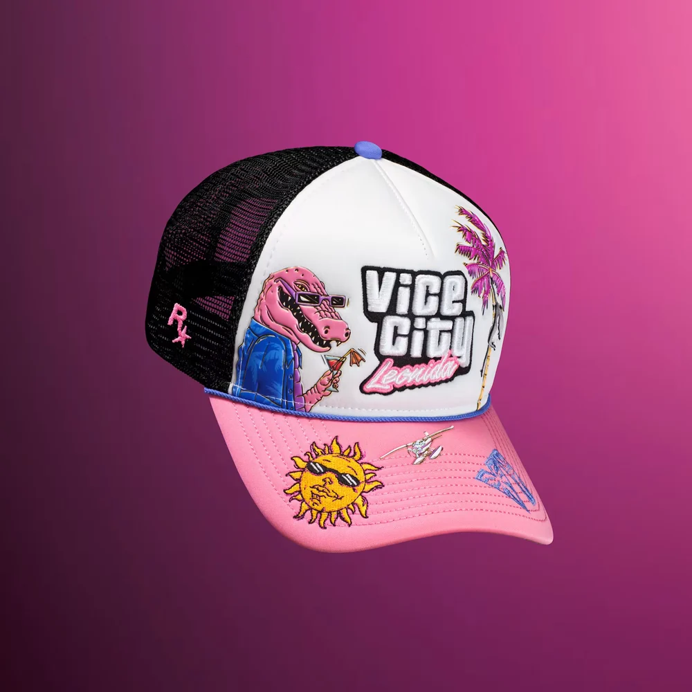 Boné New Era com o jacaré Macca e o logo Vice City, da coleção de GTA 6
