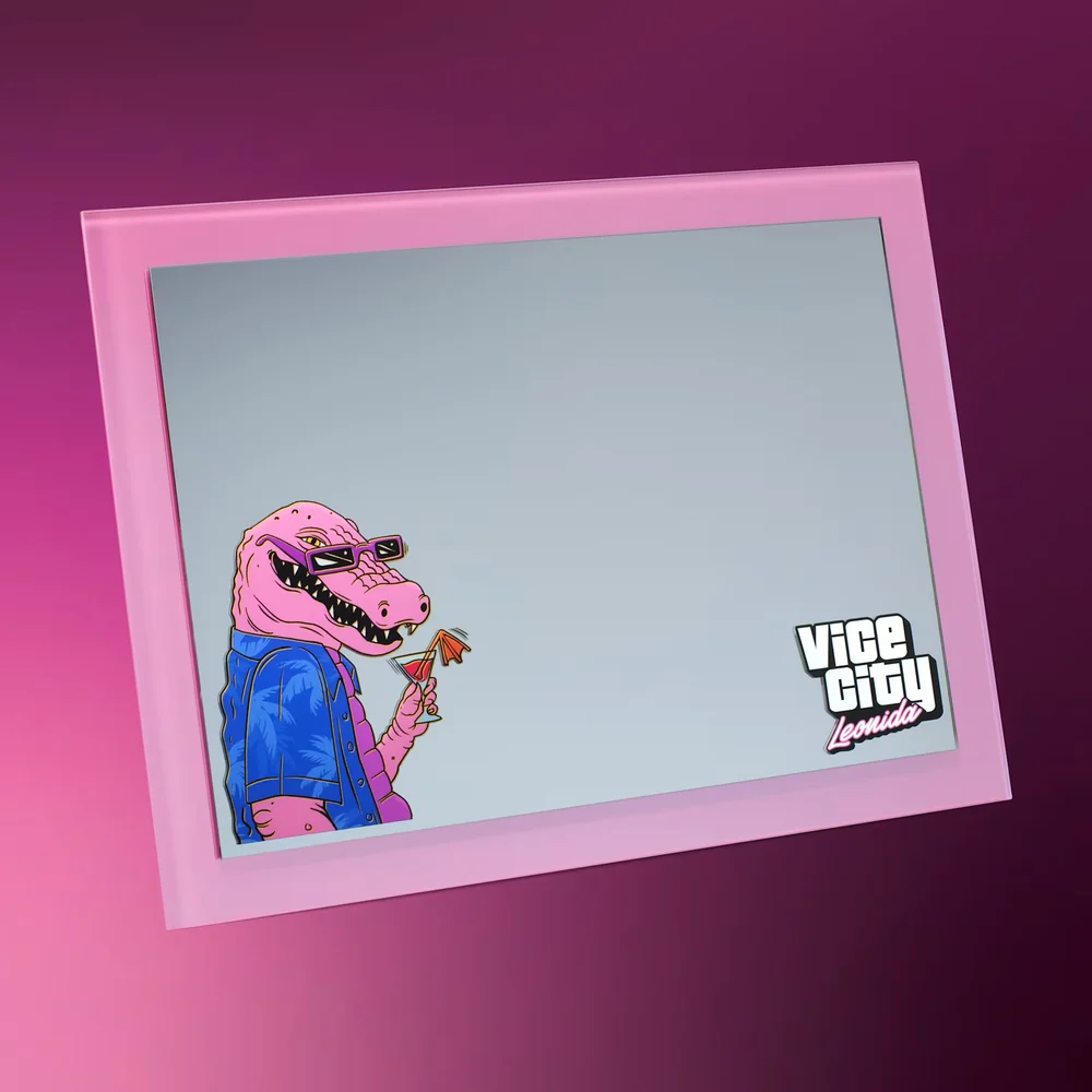 Espelho magnético com a arte do Macca the Gator e o logo Vice City de GTA 6