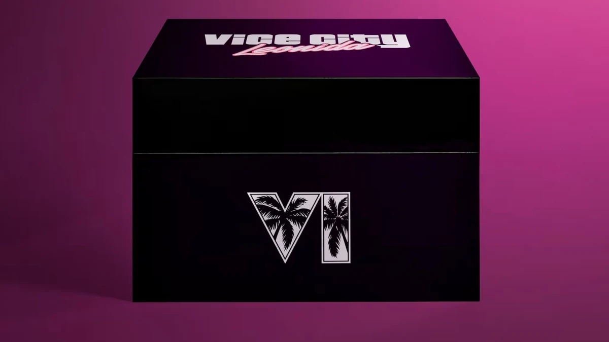Caixa preta da edição de colecionador Vice City Collection de GTA 6 com o logo VI