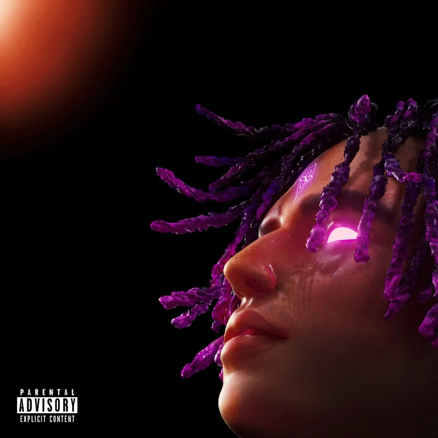 Capa do álbum Máquina do Tempo, de Matuê, com um rosto em 3D de olhos brilhando em lilás