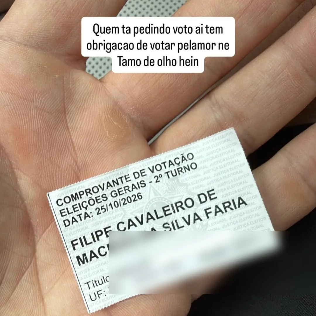 Comprovante de votação do segundo turno de 2026 de Filipe Ret na palma da mão