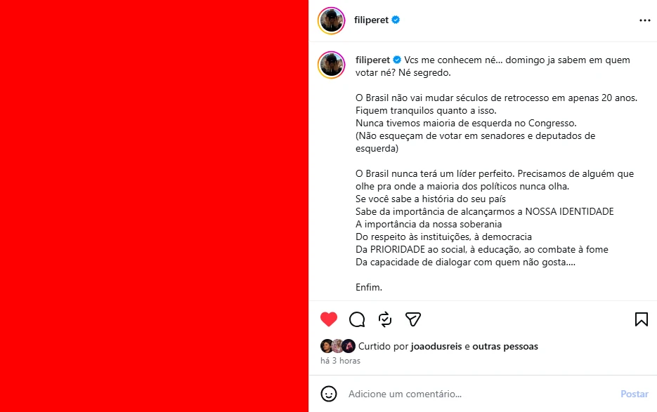Publicação de Filipe Ret no Instagram em que indica o voto para presidente e pede apoio a senadores e deputados de esquerda