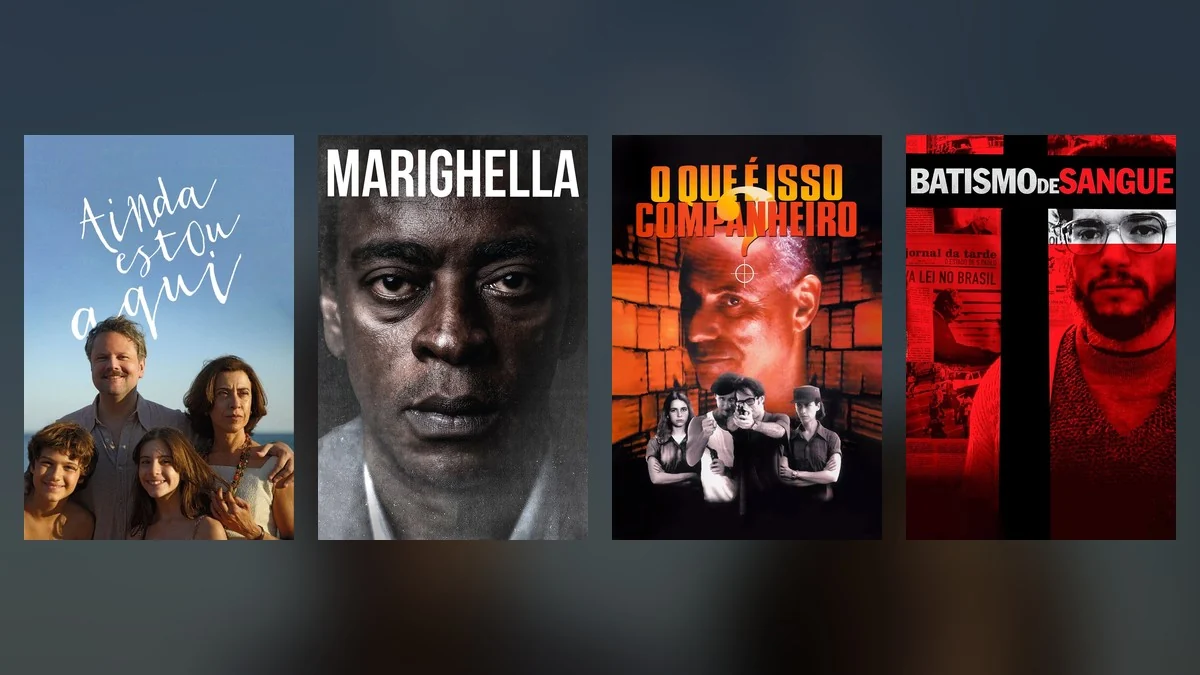 Pôsteres de Ainda Estou Aqui, Marighella, O Que É Isso, Companheiro? e Batismo de Sangue