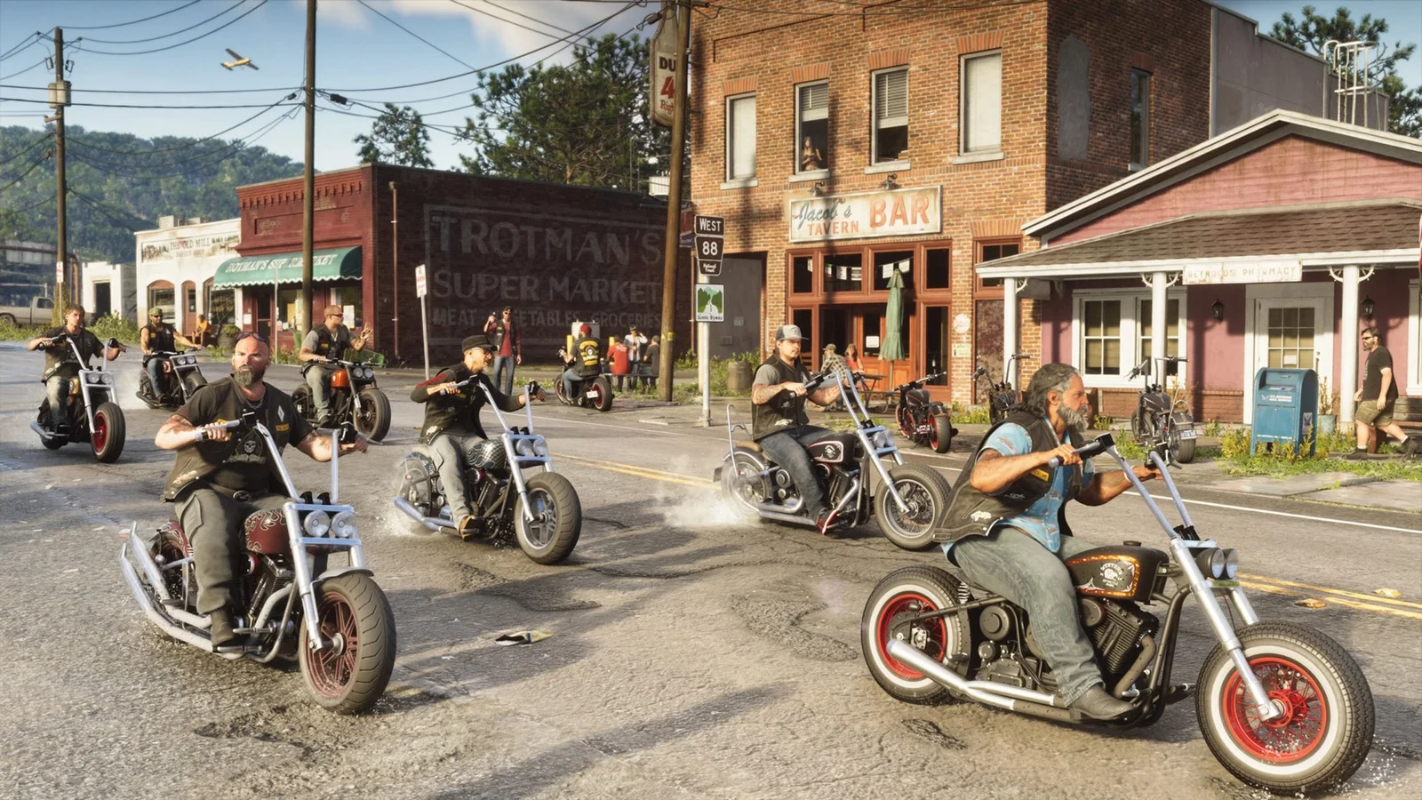 Gangue de motociclistas passando por uma pequena cidade em GTA 6