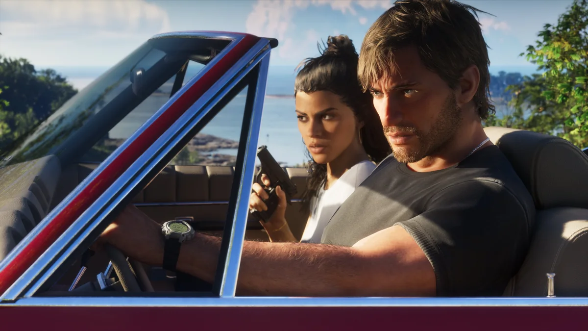 Jason e Lucia dentro de um carro em imagem oficial de GTA 6