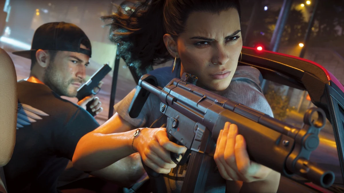 Jason e Lucia armados dentro de um carro em nova imagem oficial de GTA 6