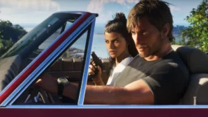 Jason e Lucia dentro de um carro em imagem oficial de GTA 6