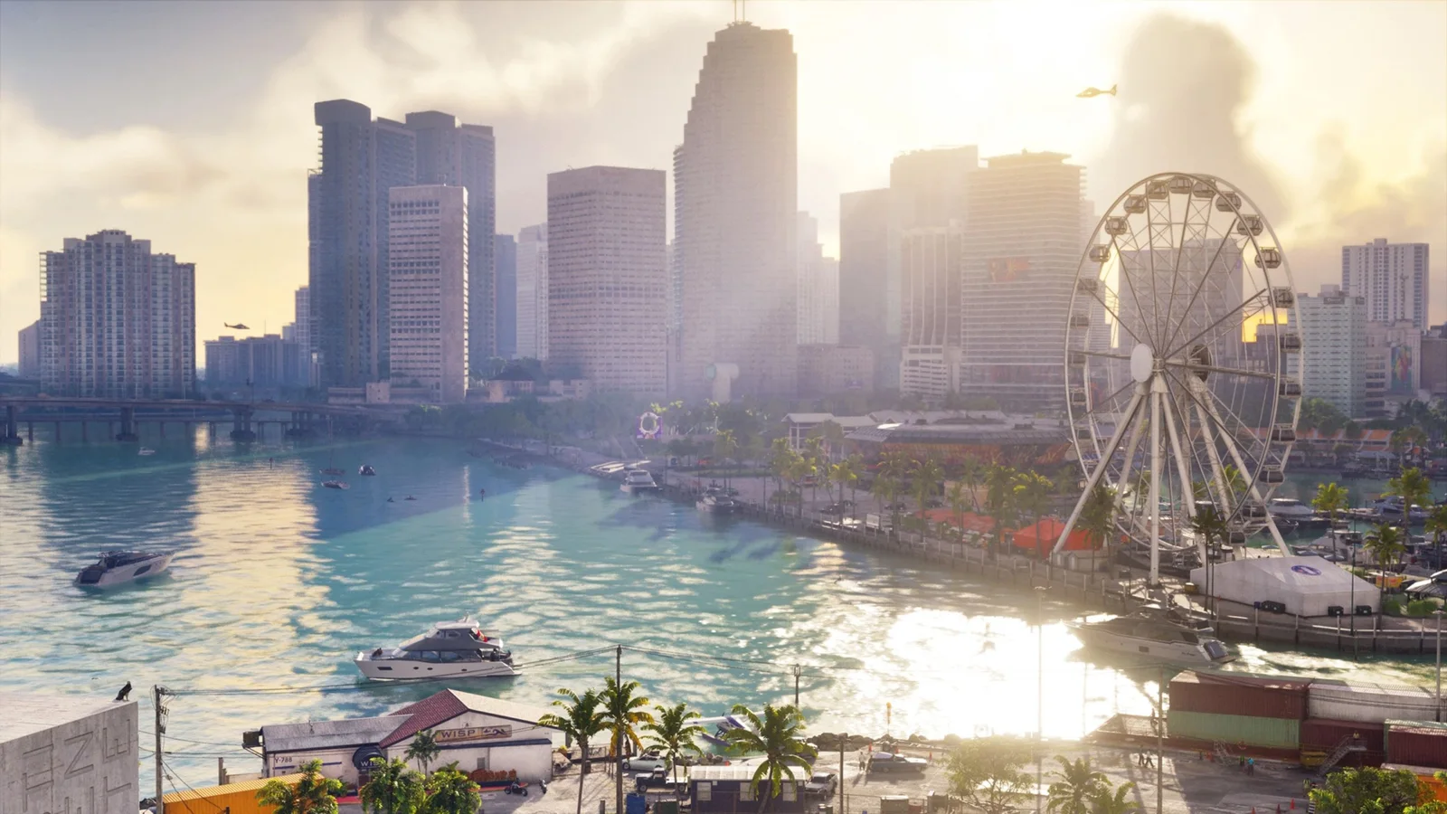 Prédios de Vice City e uma roda-gigante à beira da água em GTA 6