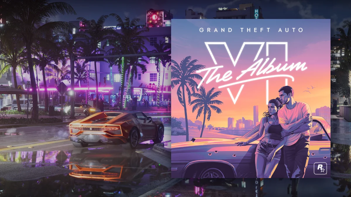 Capa do álbum Grand Theft Auto VI: The Album sobre uma rua noturna de Vice City