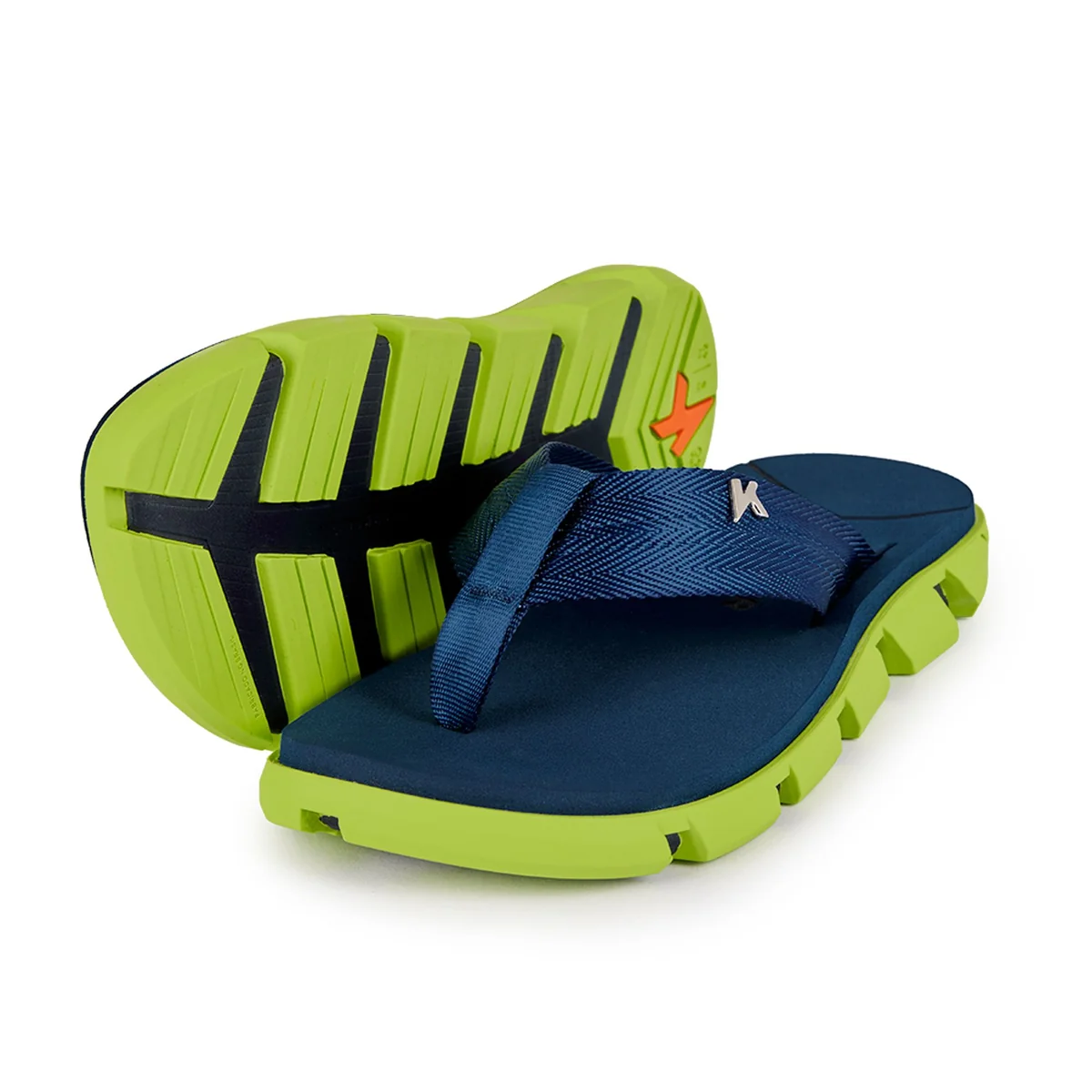 Sandália Kenner Aikon azul e verde, com cabedal azul-marinho e solado verde-limão