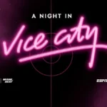Arte oficial do evento A Night in Vice City, do Miami Heat, com letreiro neon rosa