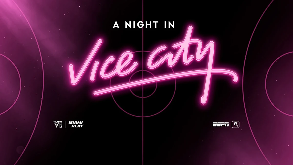 Arte oficial do evento A Night in Vice City, do Miami Heat, com letreiro neon rosa