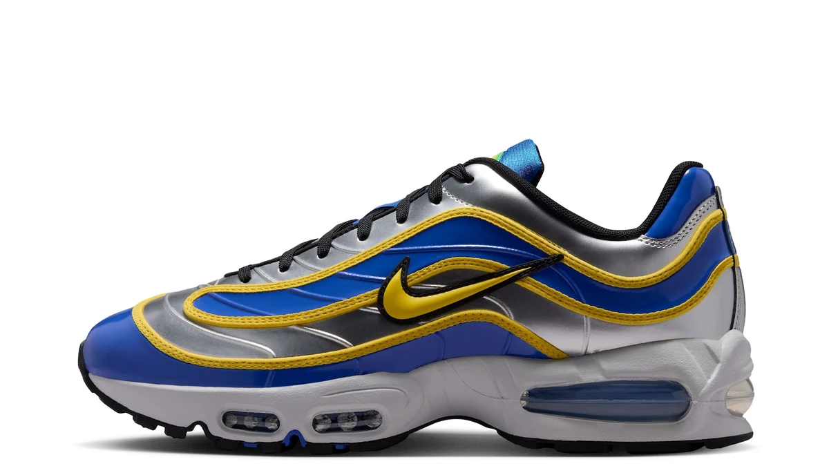Nike Air Max Joga Bonito R9 de lado, em prata, azul e amarelo