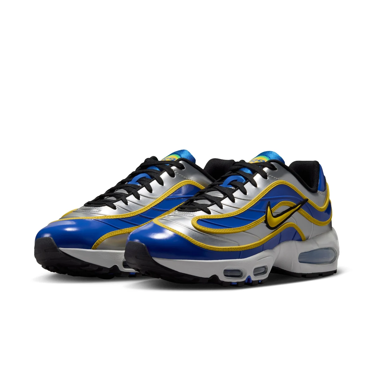Par do Nike Air Max Joga Bonito R9 em prata, azul e amarelo