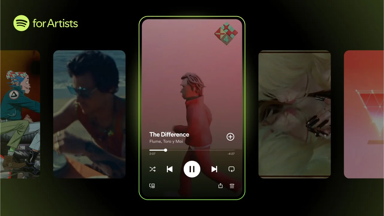 Tela do Spotify no celular com um Canvas, o vídeo curto em loop que aparece atrás da música