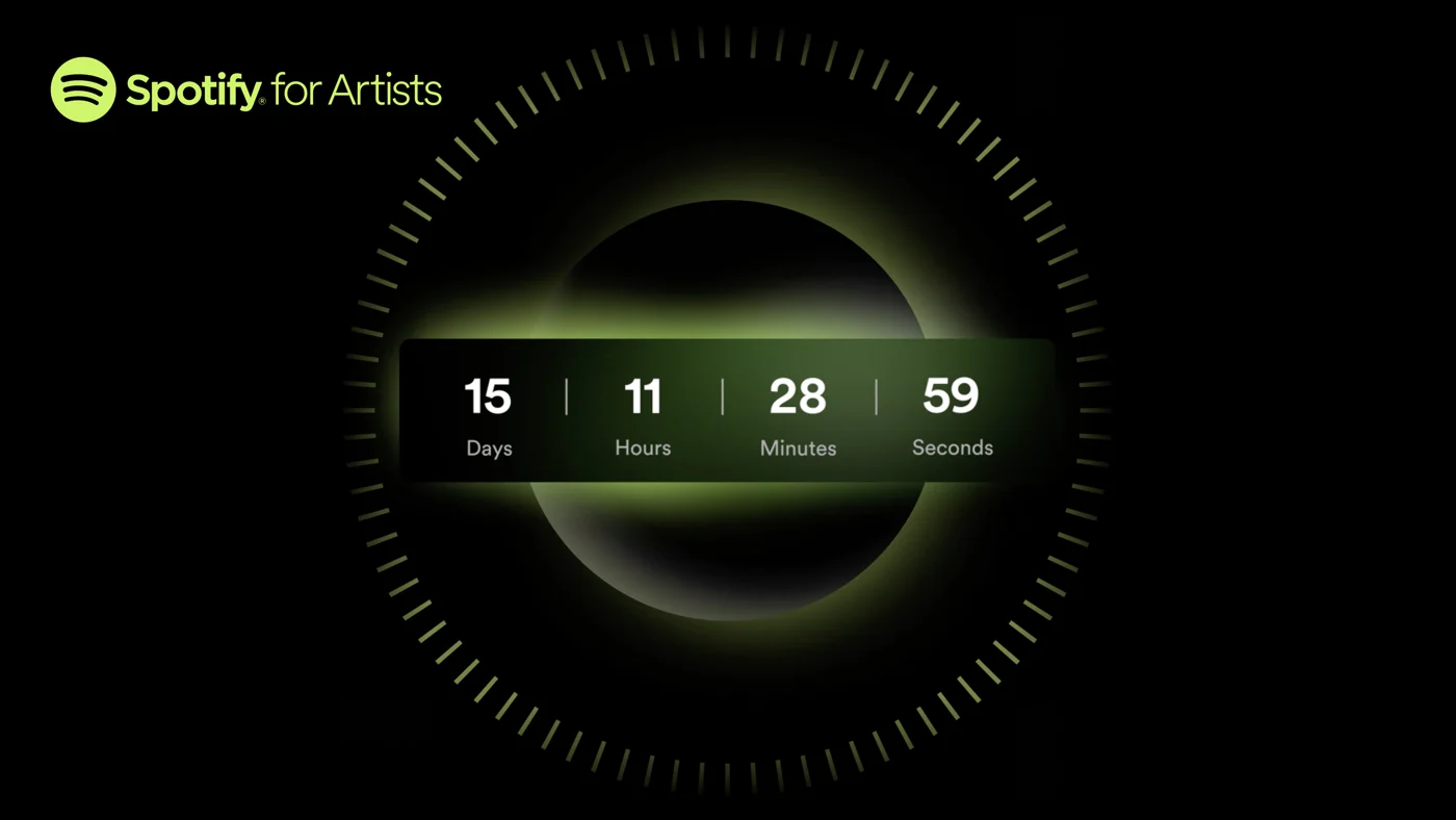 Contagem regressiva de uma Countdown Page do Spotify, com dias, horas, minutos e segundos